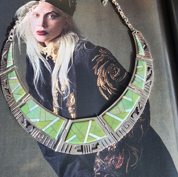 Artistic native turquoise and inlay sterling silver necklace NATIVE MADE&SIGNED - Picture 1 of 7